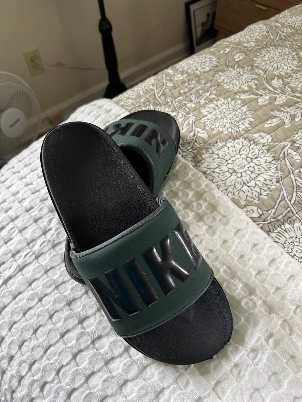 Nike Black and Dark Green Slide Sandals with Raised Logo